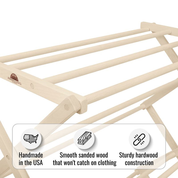 Pennsylvania Woodworks Large Flat Top Clothes Drying Rack: Solid Maple Hard Wood Laundry Rack for Sweaters, Blouses, Lingerie & More, Durable Folding Drying Rack, Made in USA, No Assembly Needed - Pennsylvania Woodworks