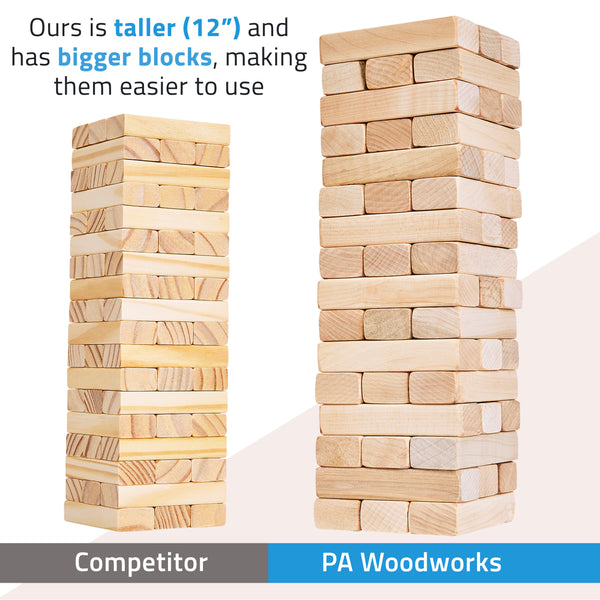 Pennsylvania Woodworks Maple Tumble Tower Game - Heavy Duty Timber Tower Wooden Block Set - Stackable Hardwood Blocks - Tabletop & Outdoor Family Games - Pennsylvania Woodworks